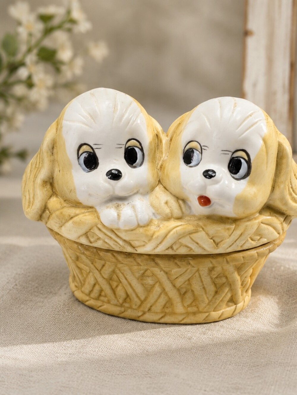 Vintage Puppy Dogs in Basket Porcelain Trinket Box Figurine Covered Box Cute